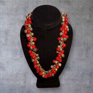 Vintage Red Beaded Statement Necklace With Gold-Tone Chain & Adjustable Clasp